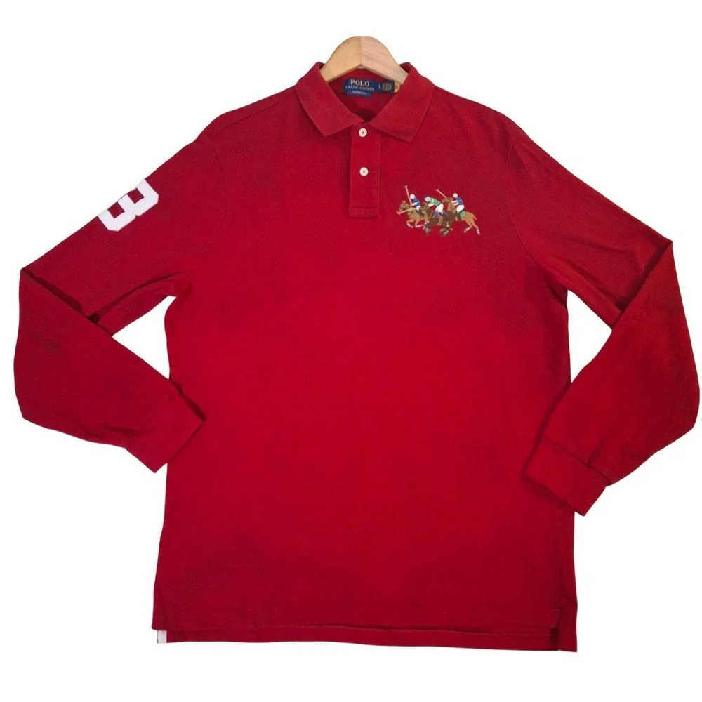 Polo Ralph Lauren Mens Long Sleeve Triple Pony Polo Shirt Red Classic Fit L
